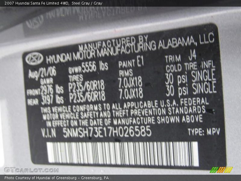 Steel Gray / Gray 2007 Hyundai Santa Fe Limited 4WD