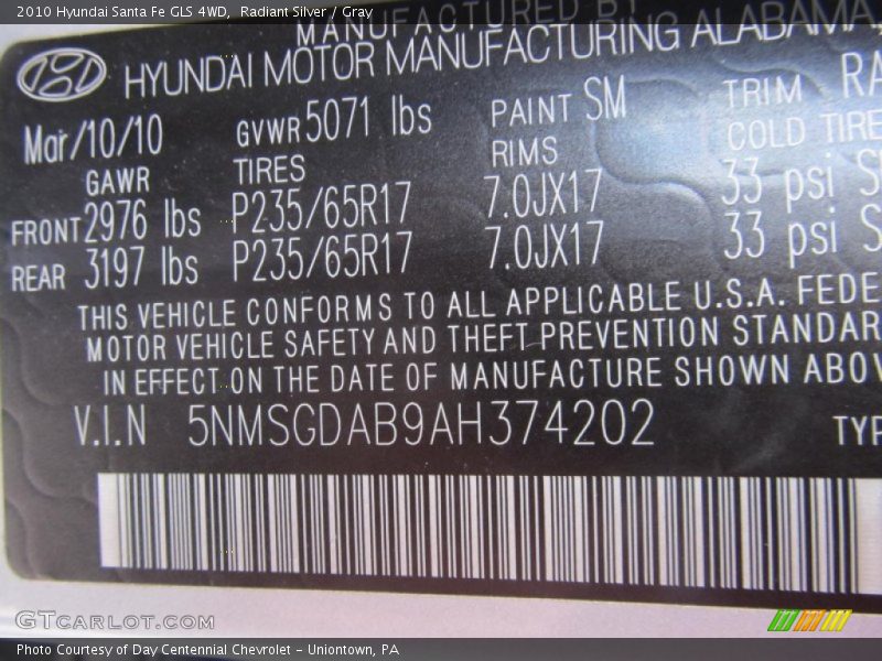 Radiant Silver / Gray 2010 Hyundai Santa Fe GLS 4WD
