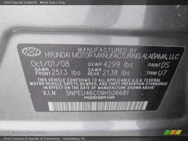 Willow Gray / Gray 2009 Hyundai Sonata SE
