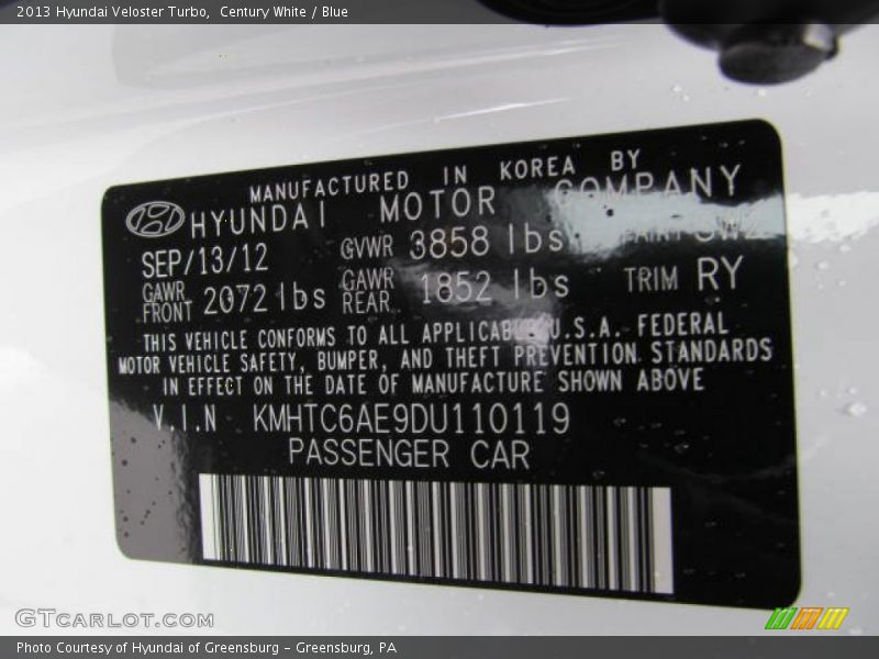 Century White / Blue 2013 Hyundai Veloster Turbo