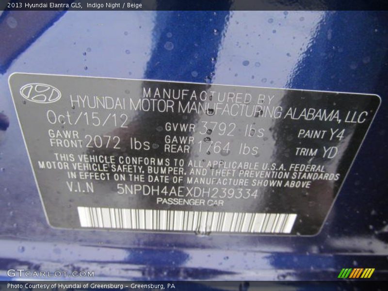 Indigo Night / Beige 2013 Hyundai Elantra GLS