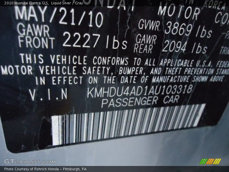 Liquid Silver / Gray 2010 Hyundai Elantra GLS