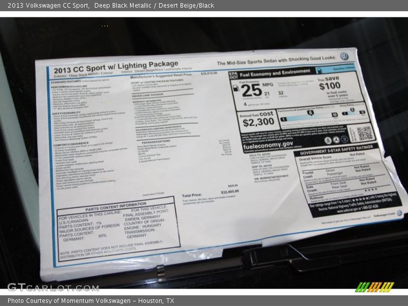Deep Black Metallic / Desert Beige/Black 2013 Volkswagen CC Sport
