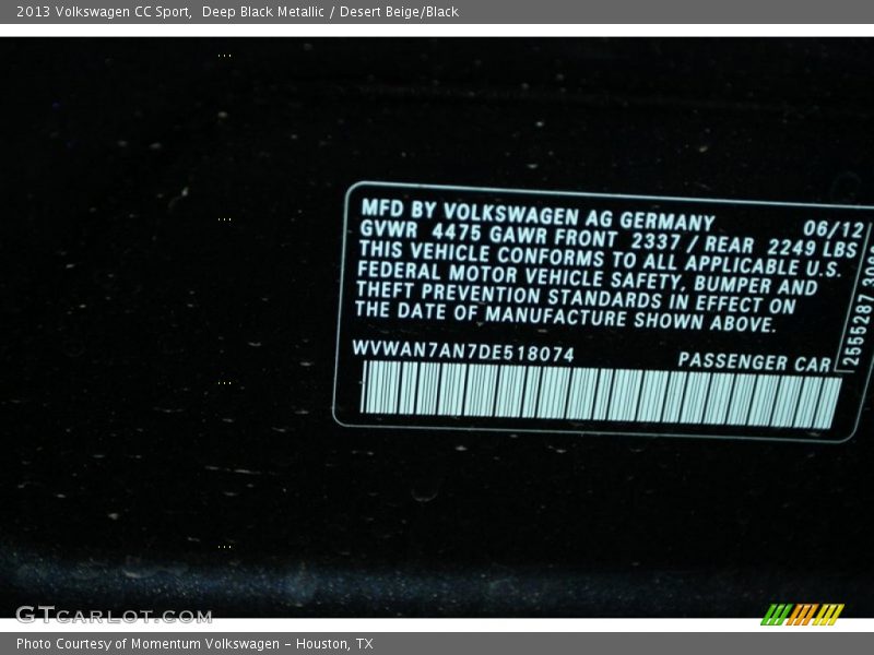 Deep Black Metallic / Desert Beige/Black 2013 Volkswagen CC Sport