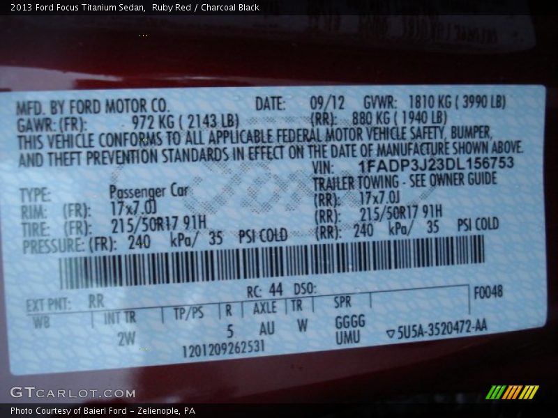 2013 Focus Titanium Sedan Ruby Red Color Code RR
