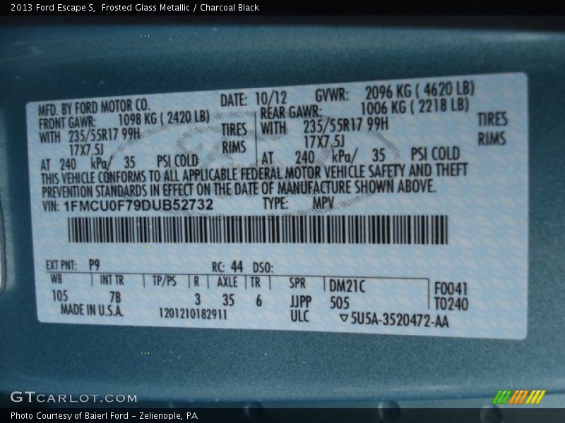 Frosted Glass Metallic / Charcoal Black 2013 Ford Escape S