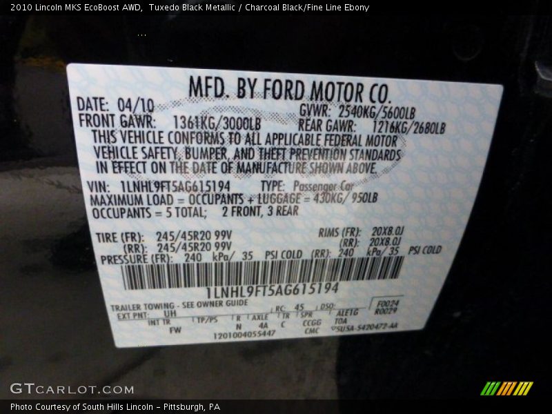 2010 MKS EcoBoost AWD Tuxedo Black Metallic Color Code UH