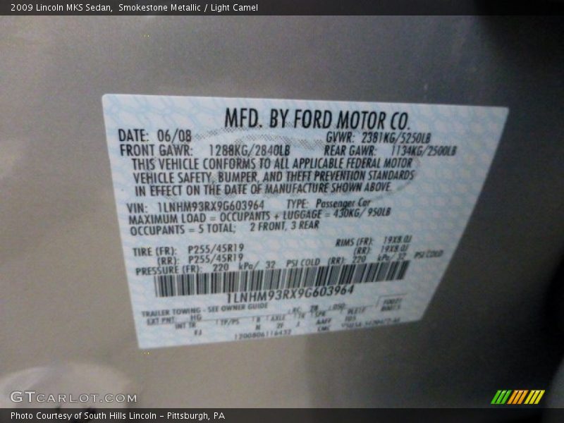 2009 MKS Sedan Smokestone Metallic Color Code HG