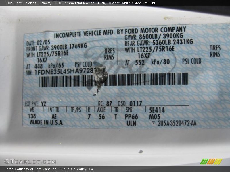 2005 E Series Cutaway E350 Commercial Moving Truck Oxford White Color Code YZ