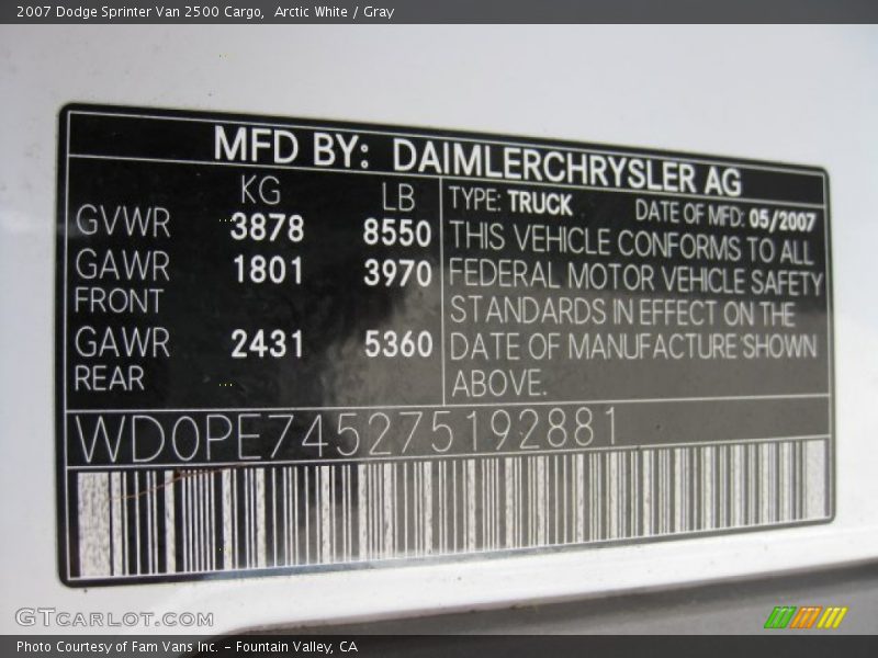 Arctic White / Gray 2007 Dodge Sprinter Van 2500 Cargo