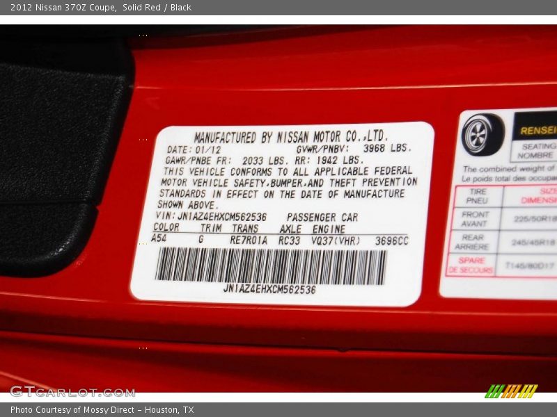 2012 370Z Coupe Solid Red Color Code A54