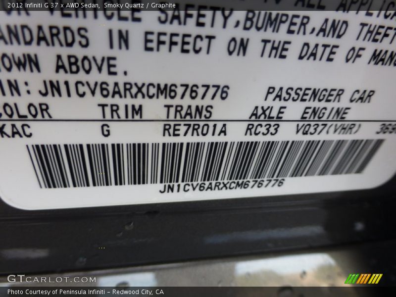 Smoky Quartz / Graphite 2012 Infiniti G 37 x AWD Sedan