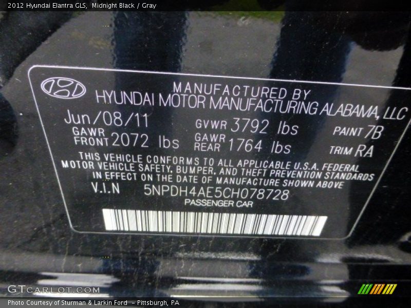 Midnight Black / Gray 2012 Hyundai Elantra GLS