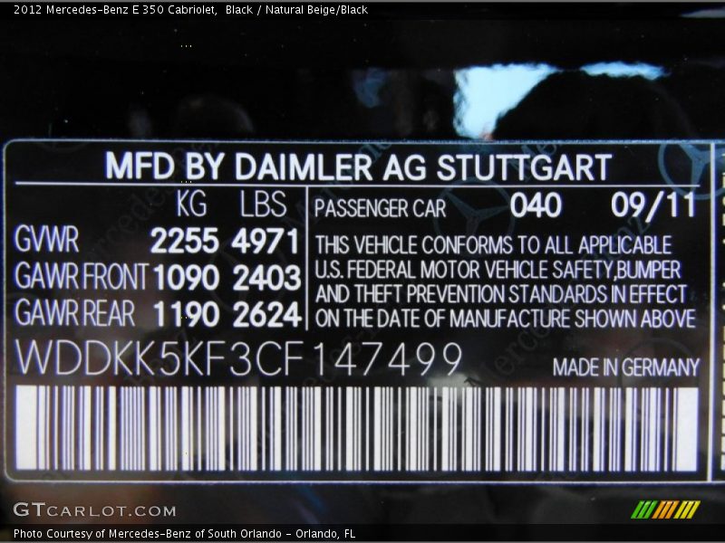 2012 E 350 Cabriolet Black Color Code 040