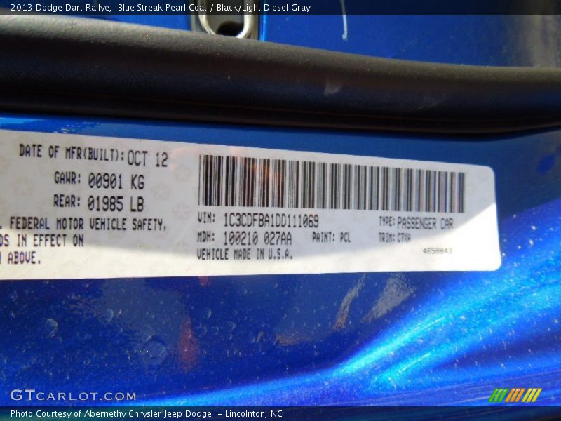 Blue Streak Pearl Coat / Black/Light Diesel Gray 2013 Dodge Dart Rallye