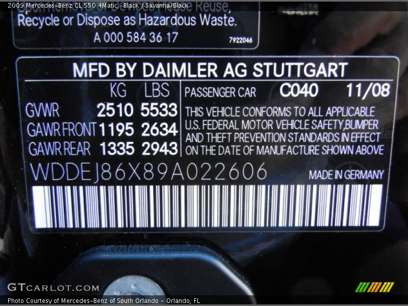 Black / Savanna/Black 2009 Mercedes-Benz CL 550 4Matic