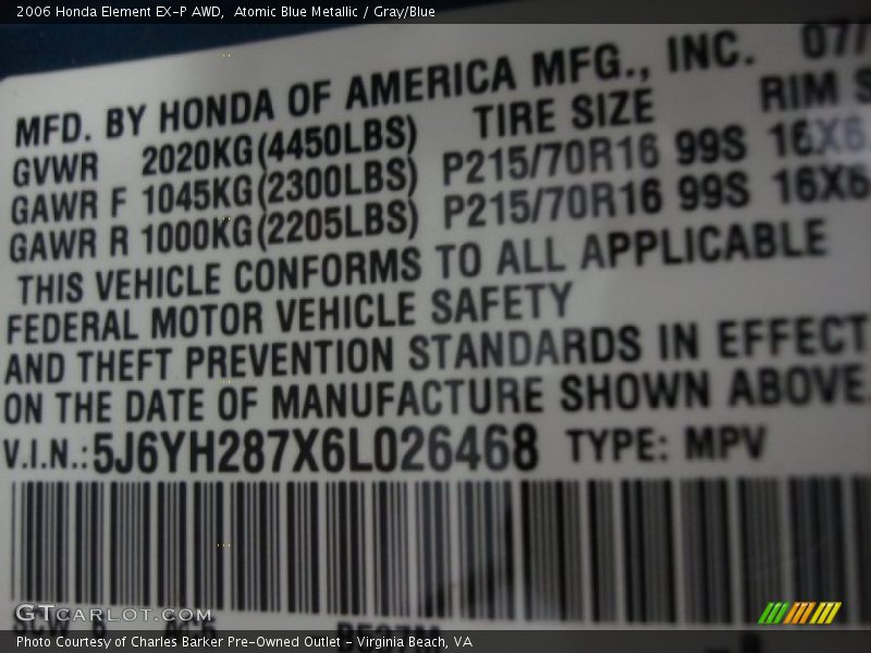 Atomic Blue Metallic / Gray/Blue 2006 Honda Element EX-P AWD