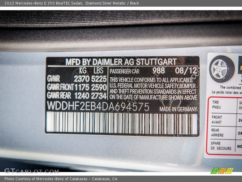 2013 E 350 BlueTEC Sedan Diamond Silver Metallic Color Code 988