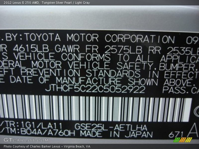 Tungsten Silver Pearl / Light Gray 2012 Lexus IS 250 AWD