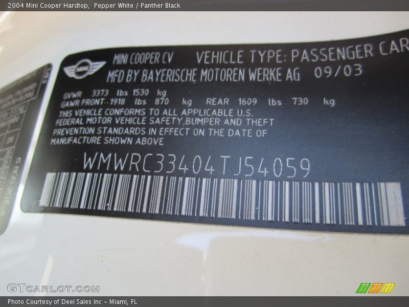 Pepper White / Panther Black 2004 Mini Cooper Hardtop