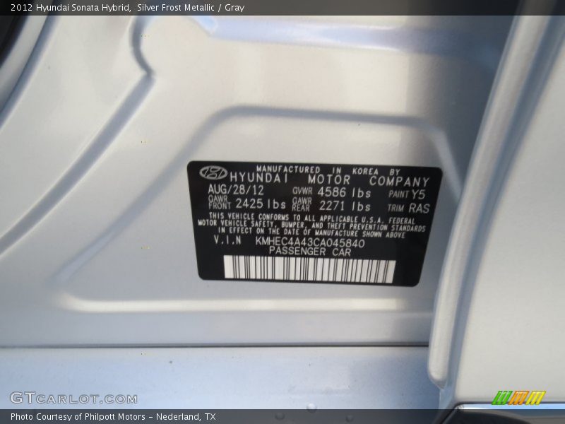 Silver Frost Metallic / Gray 2012 Hyundai Sonata Hybrid