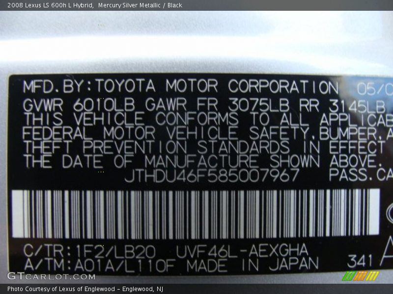 Mercury Silver Metallic / Black 2008 Lexus LS 600h L Hybrid