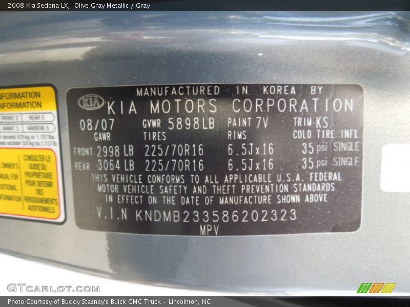 2008 Sedona LX Olive Gray Metallic Color Code 7V