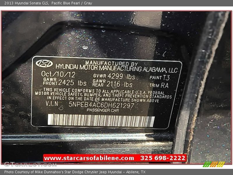 Pacific Blue Pearl / Gray 2013 Hyundai Sonata GLS