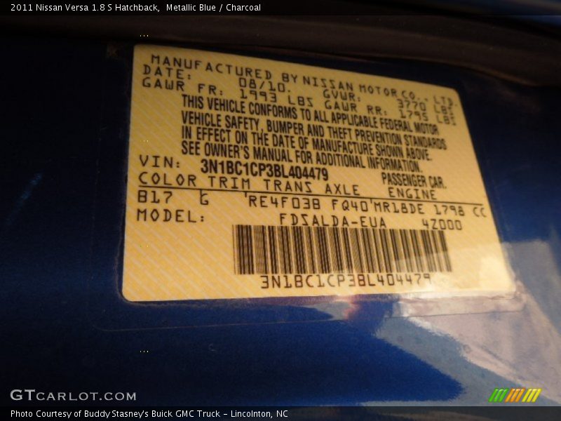 Metallic Blue / Charcoal 2011 Nissan Versa 1.8 S Hatchback