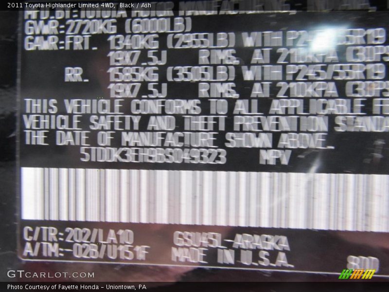 2011 Highlander Limited 4WD Black Color Code 202