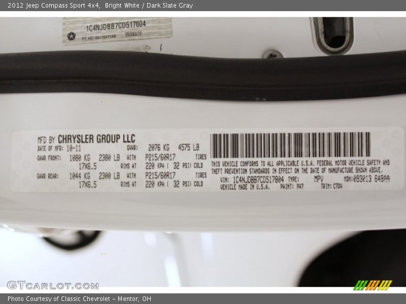 2012 Compass Sport 4x4 Bright White Color Code PW7
