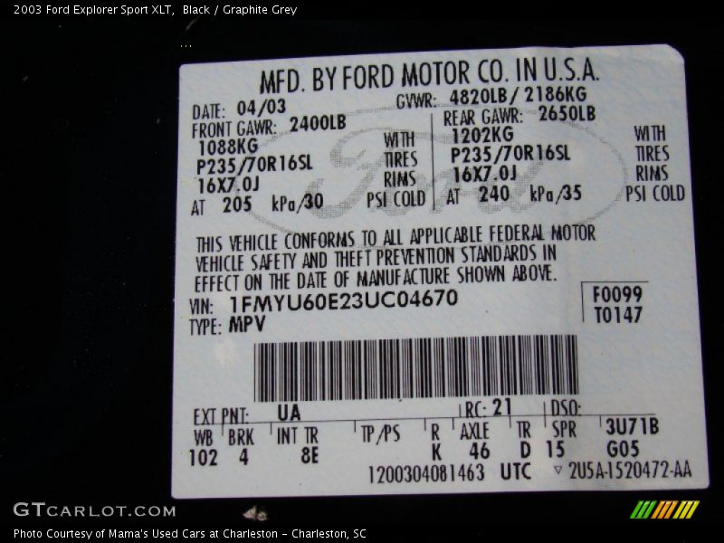 Black / Graphite Grey 2003 Ford Explorer Sport XLT