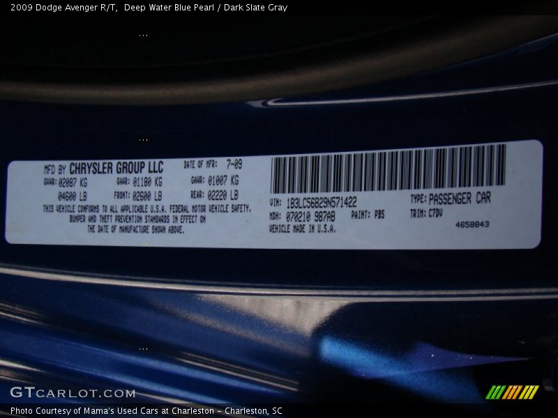 Deep Water Blue Pearl / Dark Slate Gray 2009 Dodge Avenger R/T