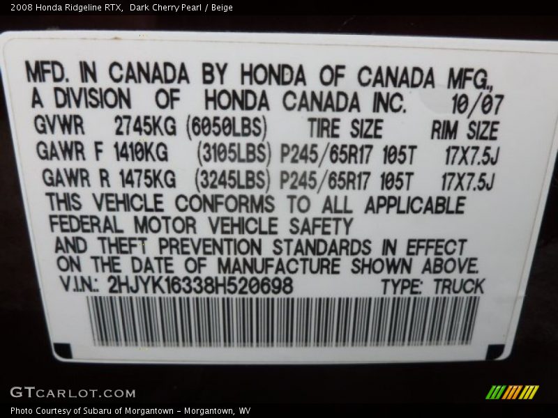 Dark Cherry Pearl / Beige 2008 Honda Ridgeline RTX