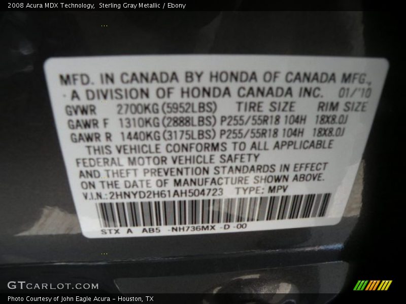 2008 MDX Technology Sterling Gray Metallic Color Code NH736MX