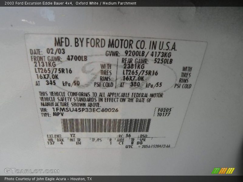 Oxford White / Medium Parchment 2003 Ford Excursion Eddie Bauer 4x4