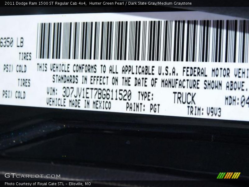 2011 Ram 1500 ST Regular Cab 4x4 Hunter Green Pearl Color Code PGT