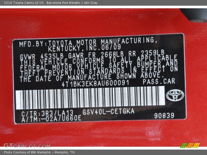 Barcelona Red Metallic / Ash Gray 2010 Toyota Camry LE V6