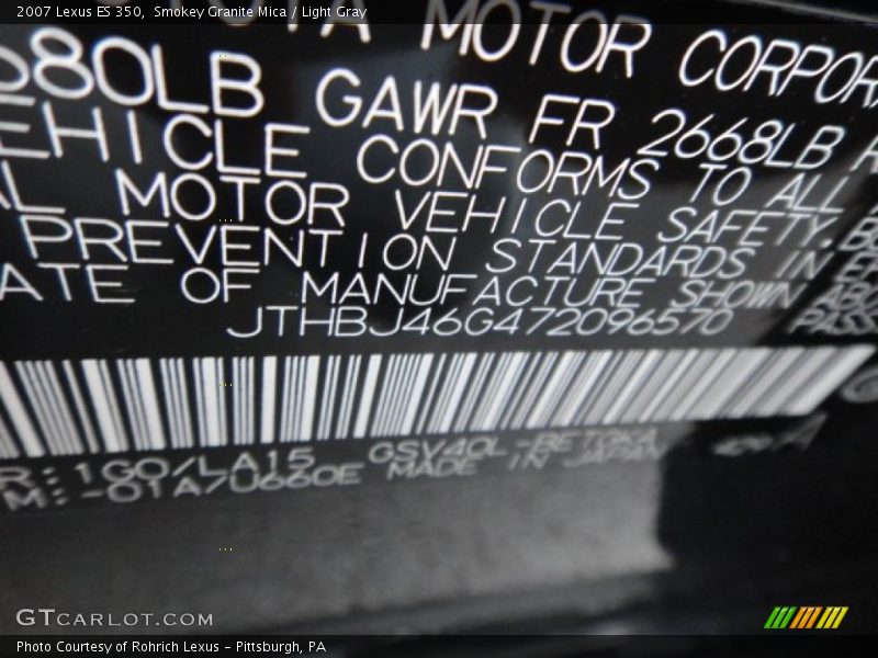 Smokey Granite Mica / Light Gray 2007 Lexus ES 350