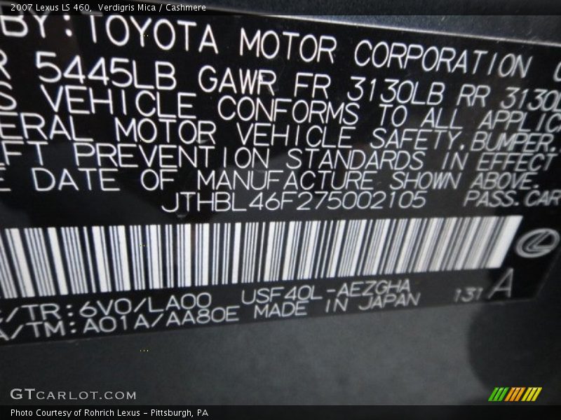 2007 LS 460 Verdigris Mica Color Code 6V0