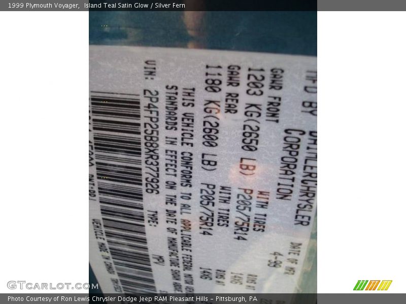 Island Teal Satin Glow / Silver Fern 1999 Plymouth Voyager