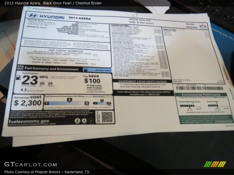  2013 Azera  Window Sticker