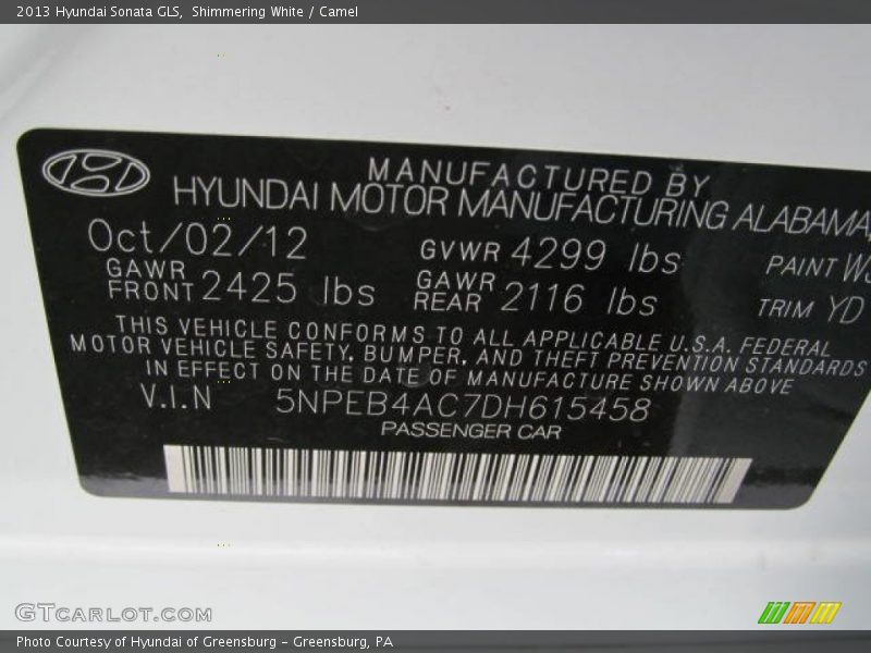 Shimmering White / Camel 2013 Hyundai Sonata GLS