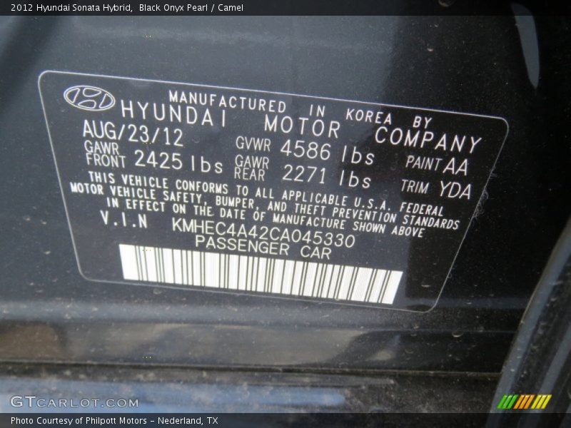 Black Onyx Pearl / Camel 2012 Hyundai Sonata Hybrid