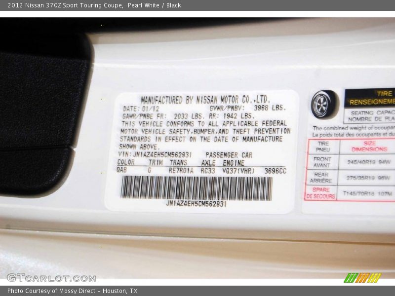 2012 370Z Sport Touring Coupe Pearl White Color Code QAB