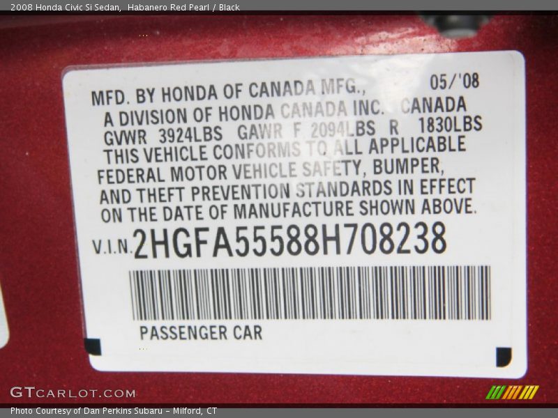 Habanero Red Pearl / Black 2008 Honda Civic Si Sedan