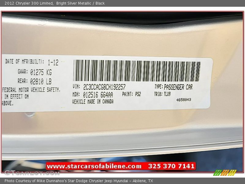Bright Silver Metallic / Black 2012 Chrysler 300 Limited