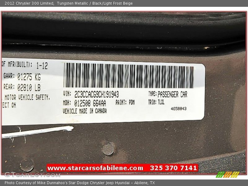 Tungsten Metallic / Black/Light Frost Beige 2012 Chrysler 300 Limited