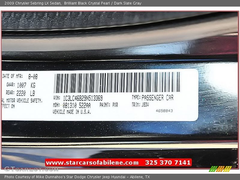 Brilliant Black Crystal Pearl / Dark Slate Gray 2009 Chrysler Sebring LX Sedan
