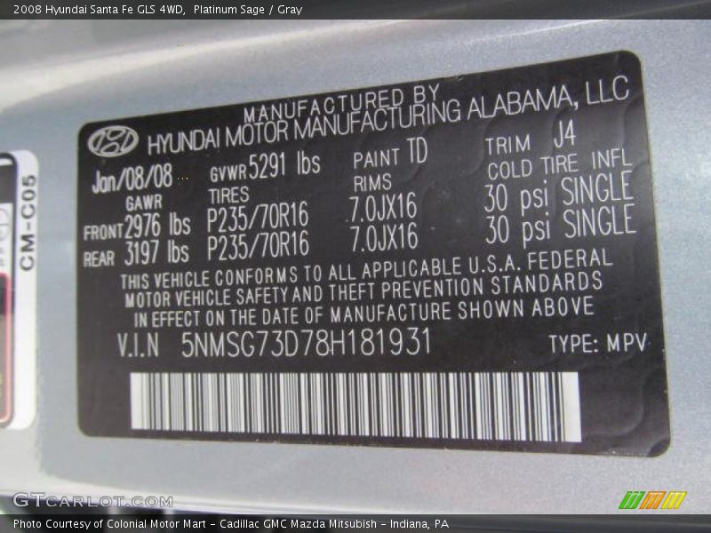 Platinum Sage / Gray 2008 Hyundai Santa Fe GLS 4WD